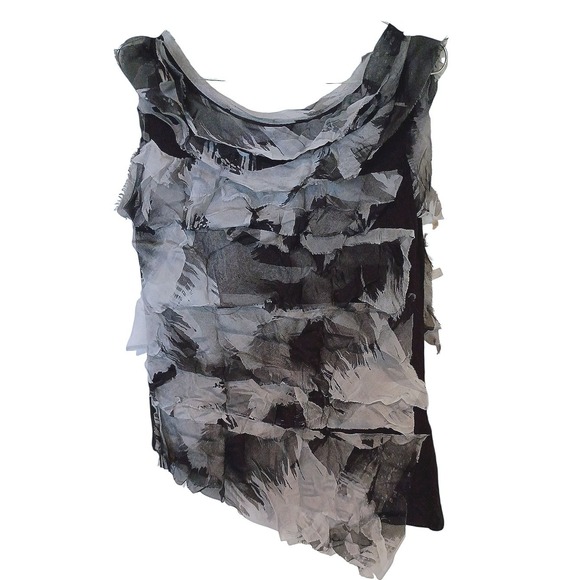 Tempo Paris Womens Asymmetric Abstract Ruffle Tank Top Black White Size L - Picture 3 of 11